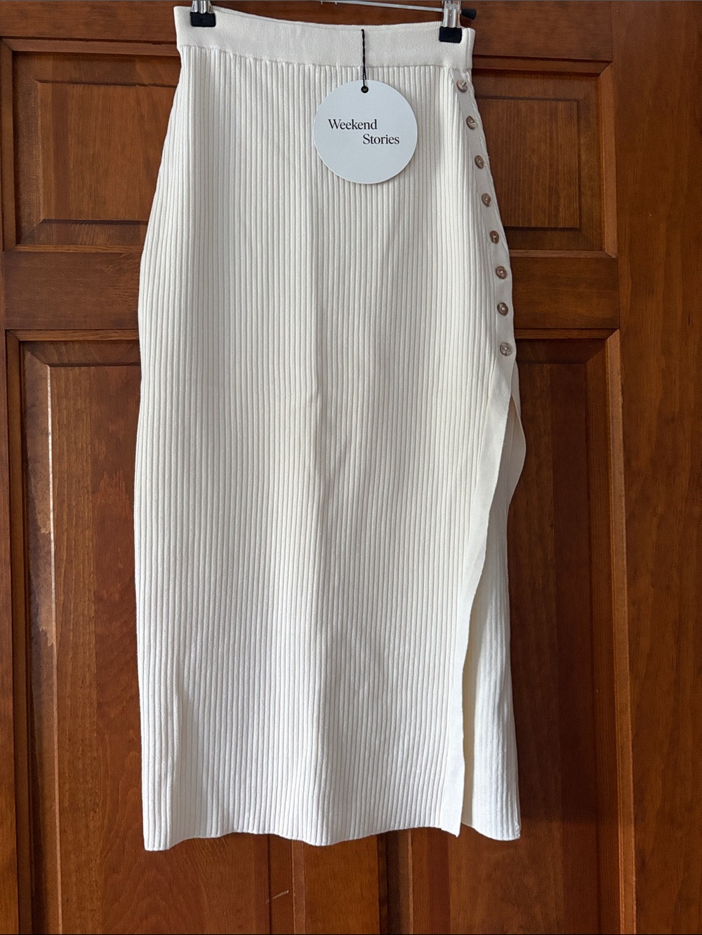 Weekend Stories Ivory Ribbed Button-Side Midi Skirt